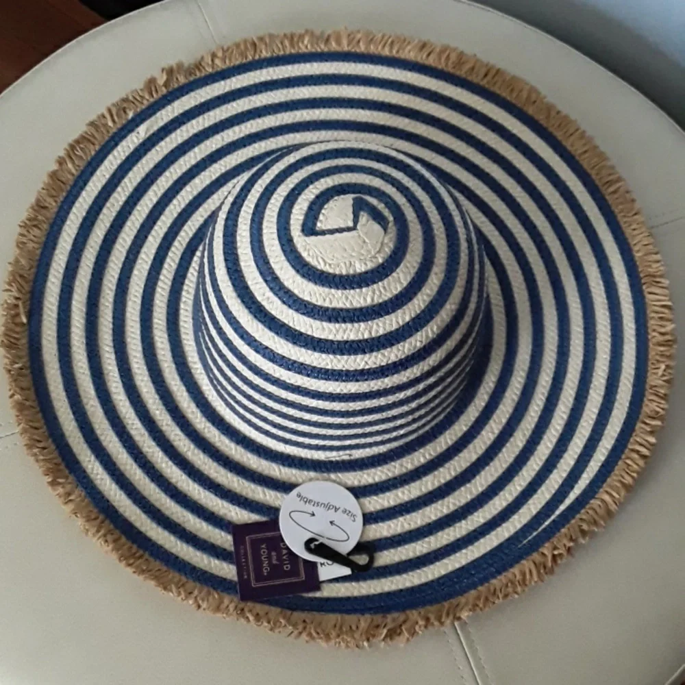 NWT DAVID and YOUNG Floppy Wide Brim w/fringe Hat, Blue/cream - Picture 11 of 11